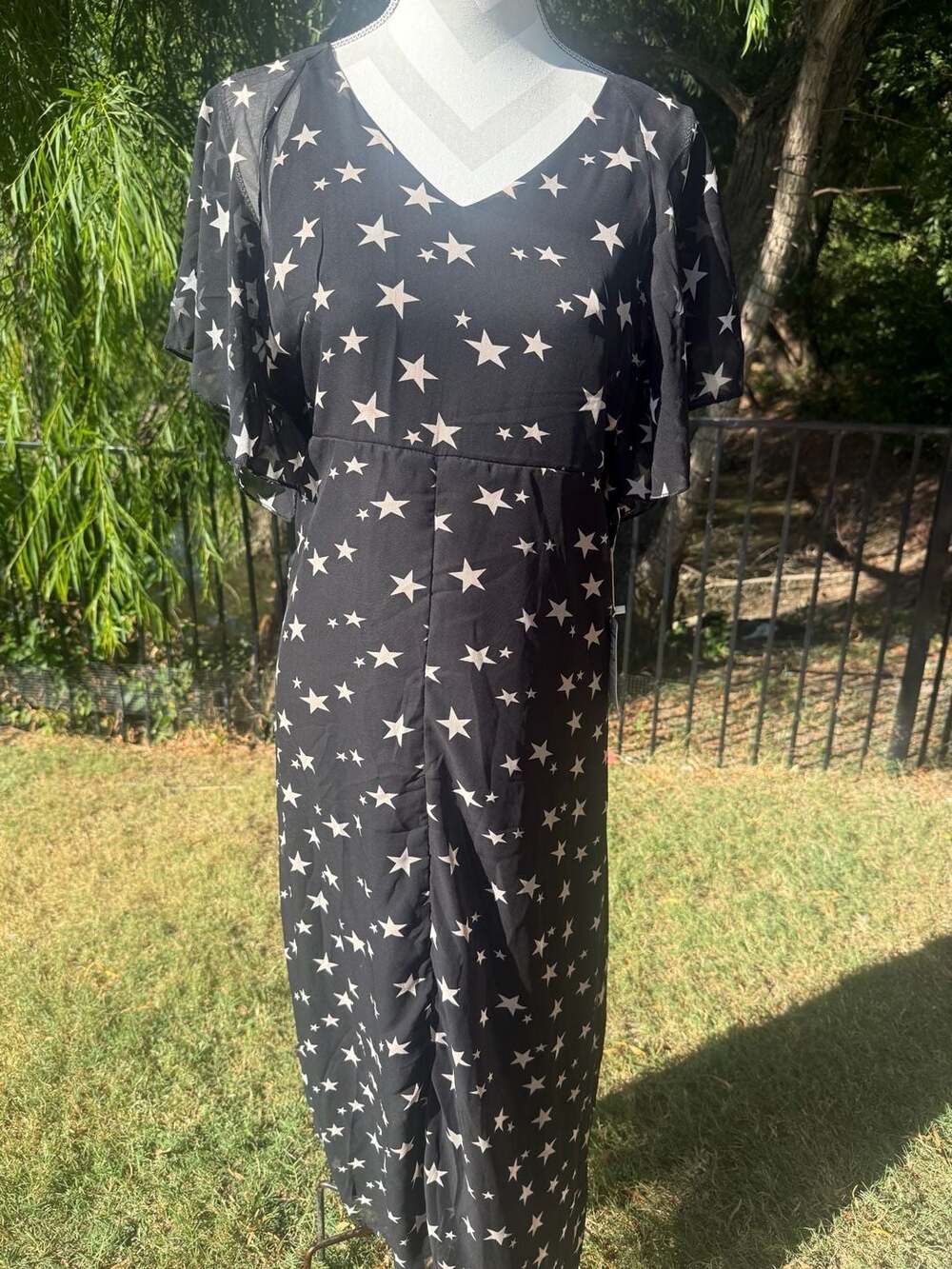 Ethan & Cocoa Large Black Star Print Midi Dress Sheer